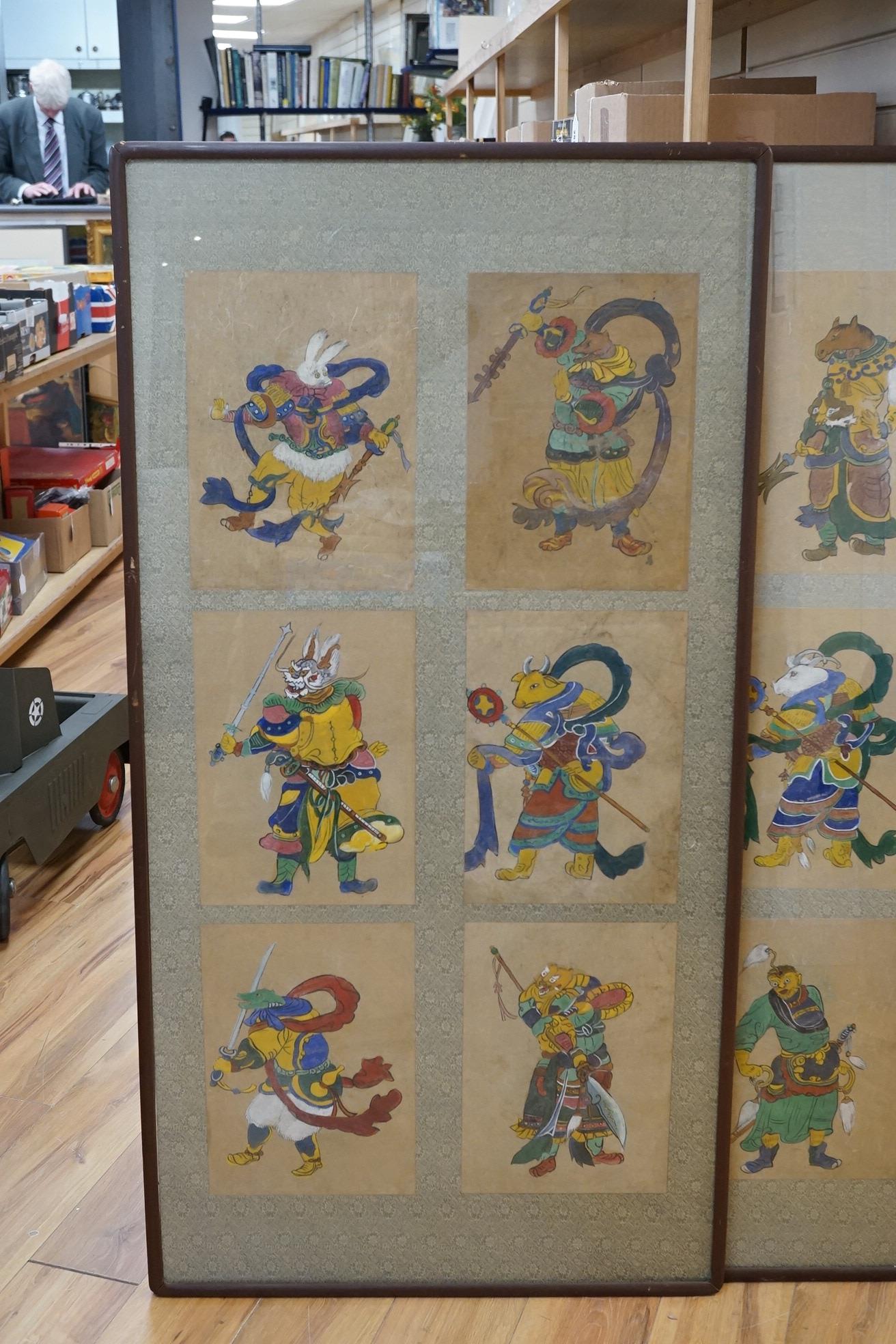 Chinese School, set of twelve watercolours, Signs of the Zodiac, mounted and framed as two, overall 139 x 71cm. Condition - fair